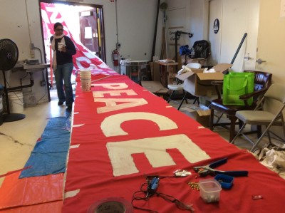 The banner continues through the door and onto the kitchen table.