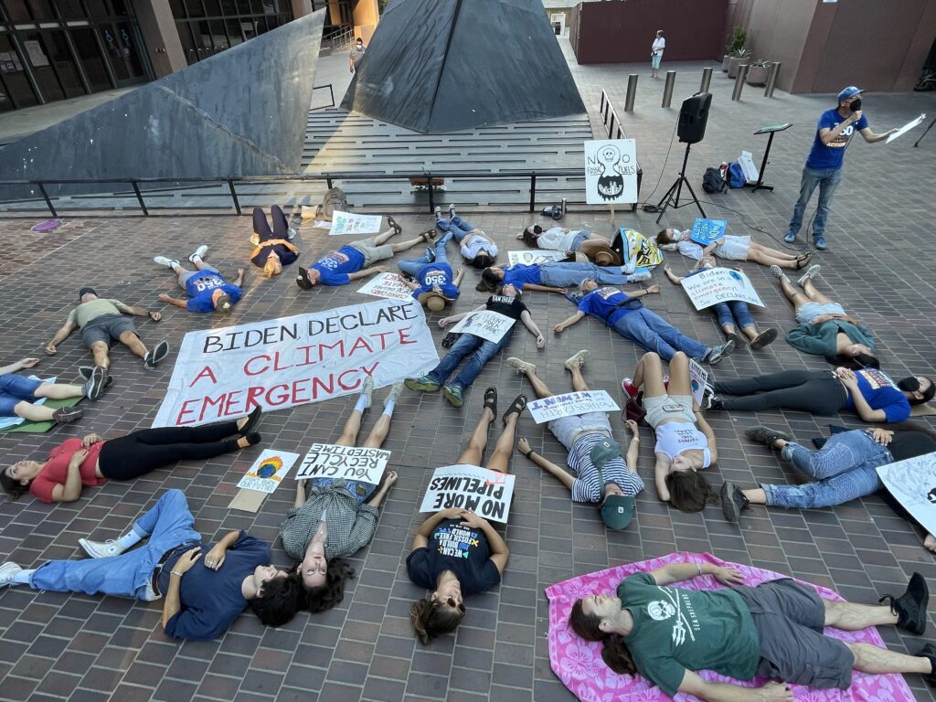 Activist laying down on the ground with signs