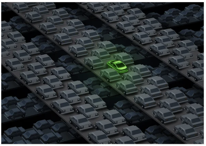 Illustration of one bright green car on grey roads with many grey cars