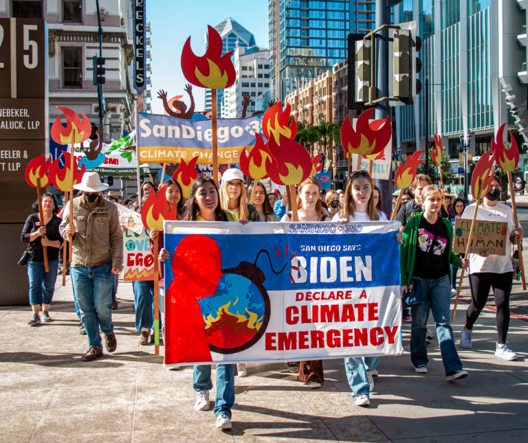 Group of people marching, sign says, "Biden Declare a Climate Emergency"