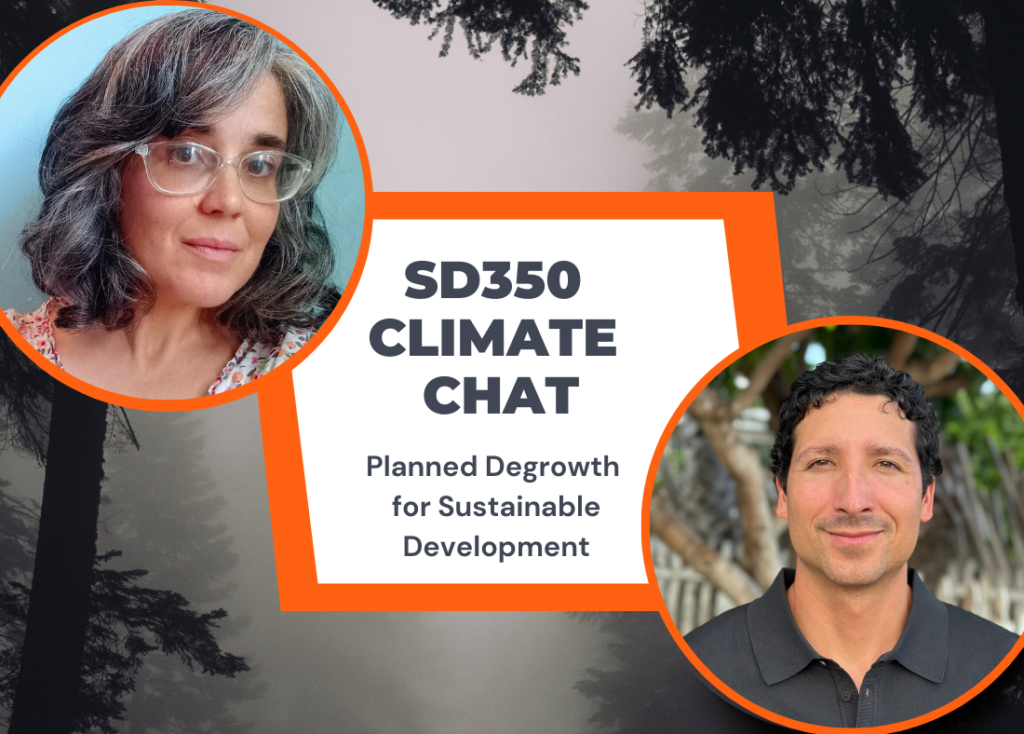 Headshots of Anne Sheridan and Chad Baron. Text says SD350 Climate Chat - Planned Degrowth for Sustainable Development.
