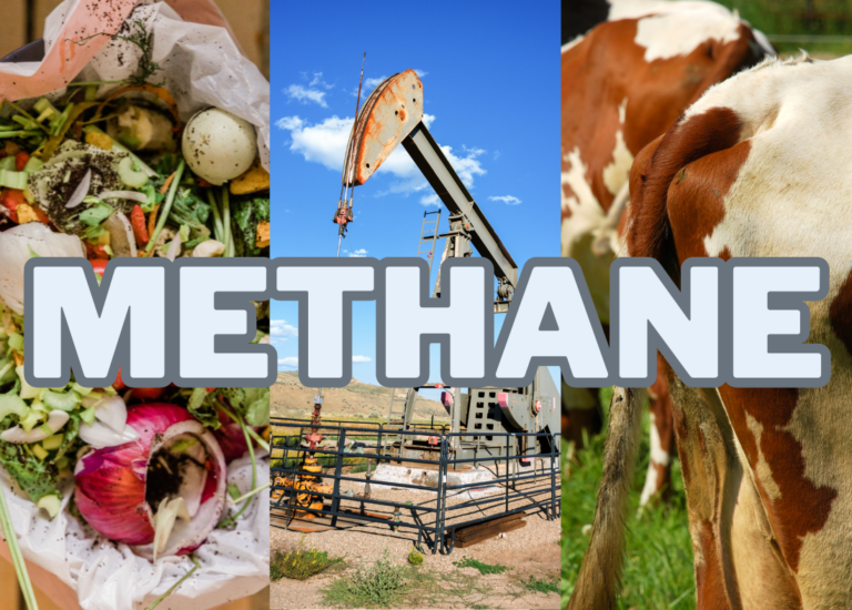The behind of a cow, fracking well, and food waste with the words "methane".