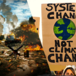 War-like "planet destroying" scene and a sign that says "system change not climate change"
