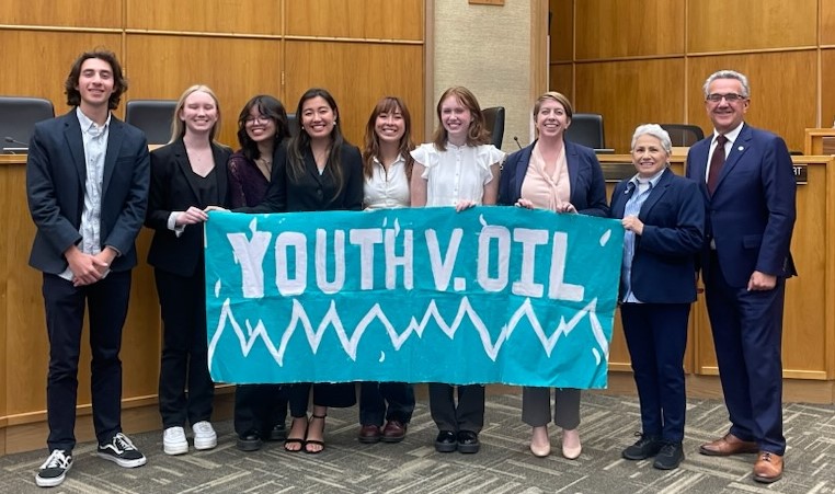 Youth v Oil members stand with San Diego City Councilmembers Joe LaCava and Jennifer Campbell