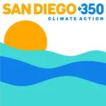 Podcast logo with a sun behind water and reads "SanDIego350 Climate Action"