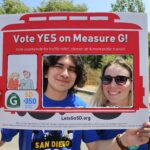 Daniel Hernandez, a high school youth, and McGarrah Wilson, SD350 staff member holding up a sign that reads "Vote YES on Measure G!"