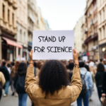 Person holding up a protest sign that reads, "stand up for science"