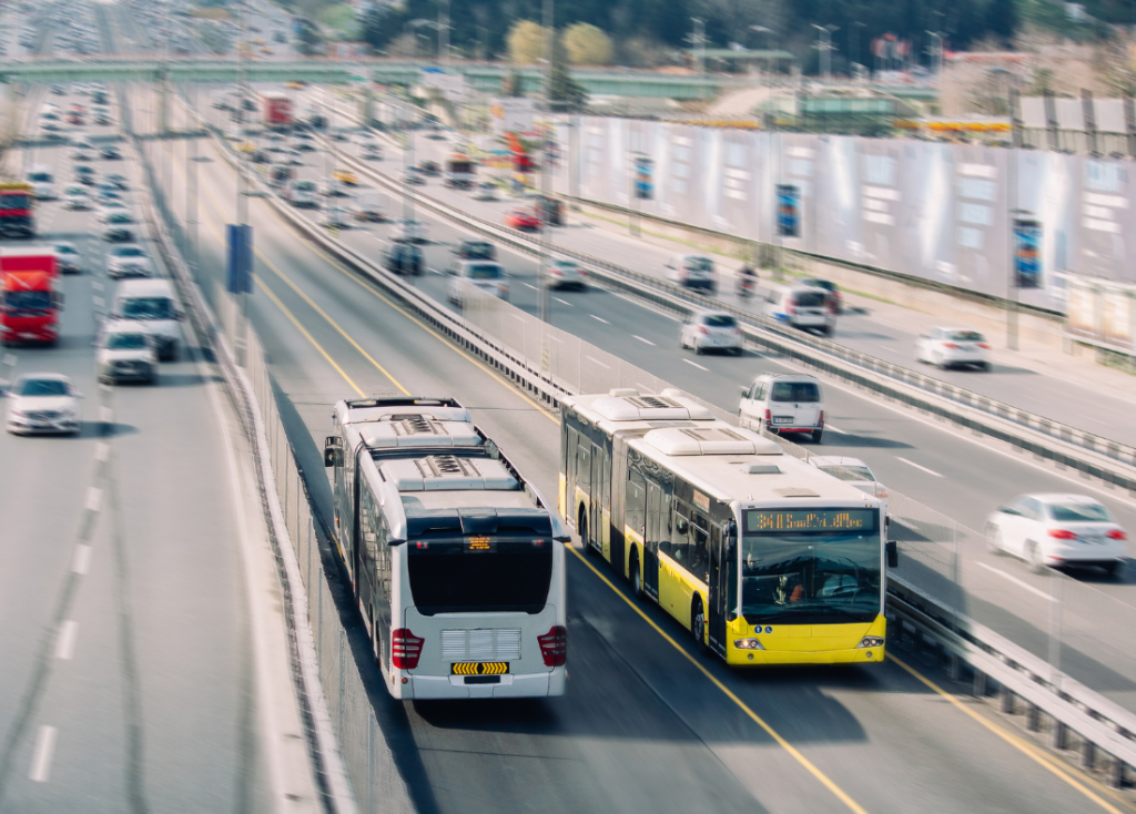 Buses on a busy freeway