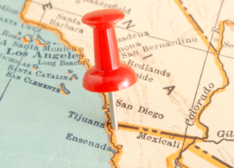 Map with pinpoint between Tijuana and San Diego