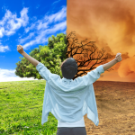 Person looking excited in front of climate changing background of greenery and desert