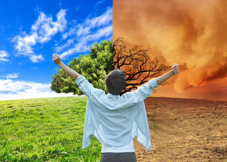 Person looking excited in front of climate changing background of greenery and desert