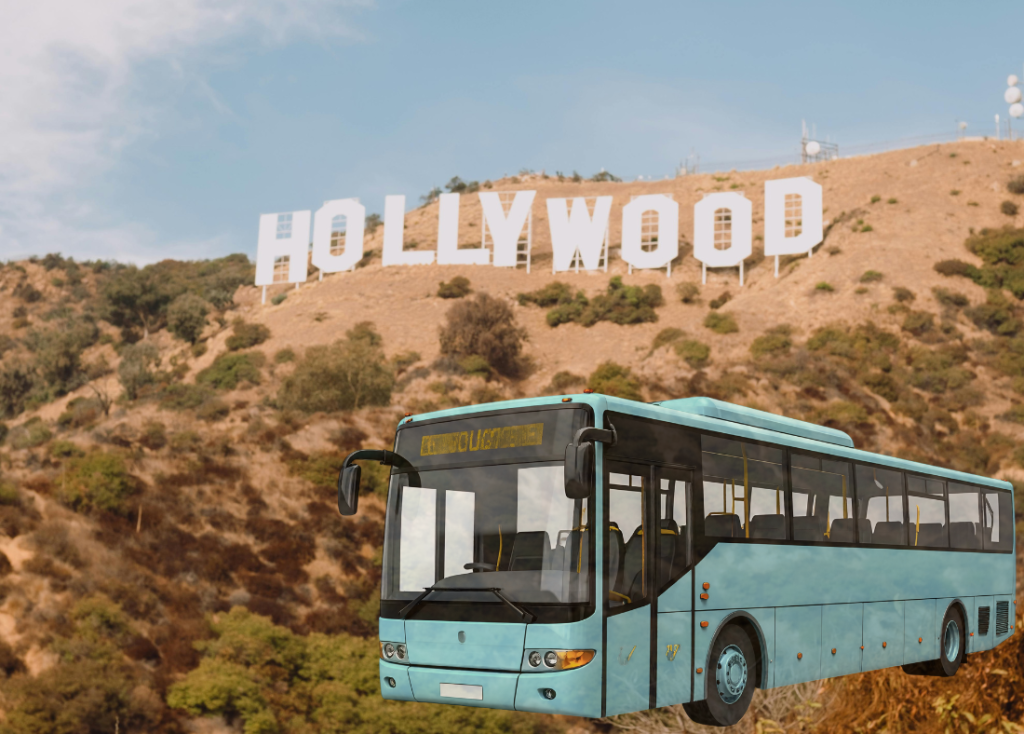 Bus in front of the Hollywood sign
