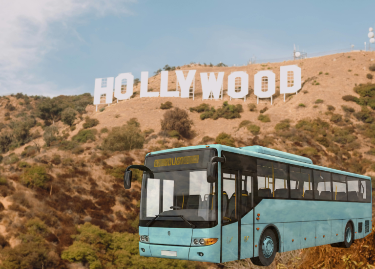 Bus in front of the Hollywood sign